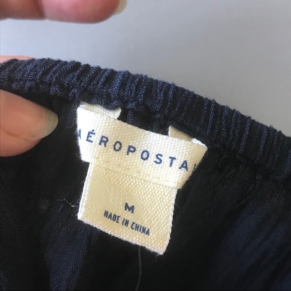 Aeropostale Blouse | Crocheted Bodice | Lace Flutter Cap Sleeves | Navy Blue - Picture 5 of 7